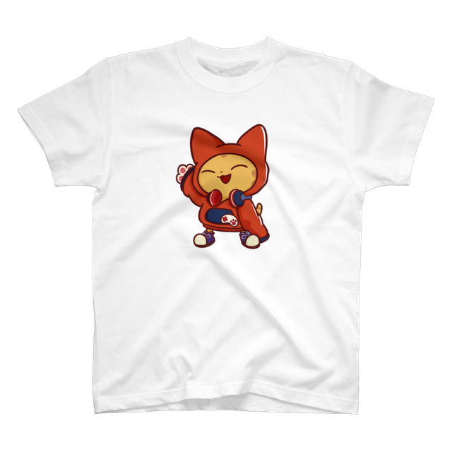 A standard T-shirt printed with the design “Nyabi waving”.